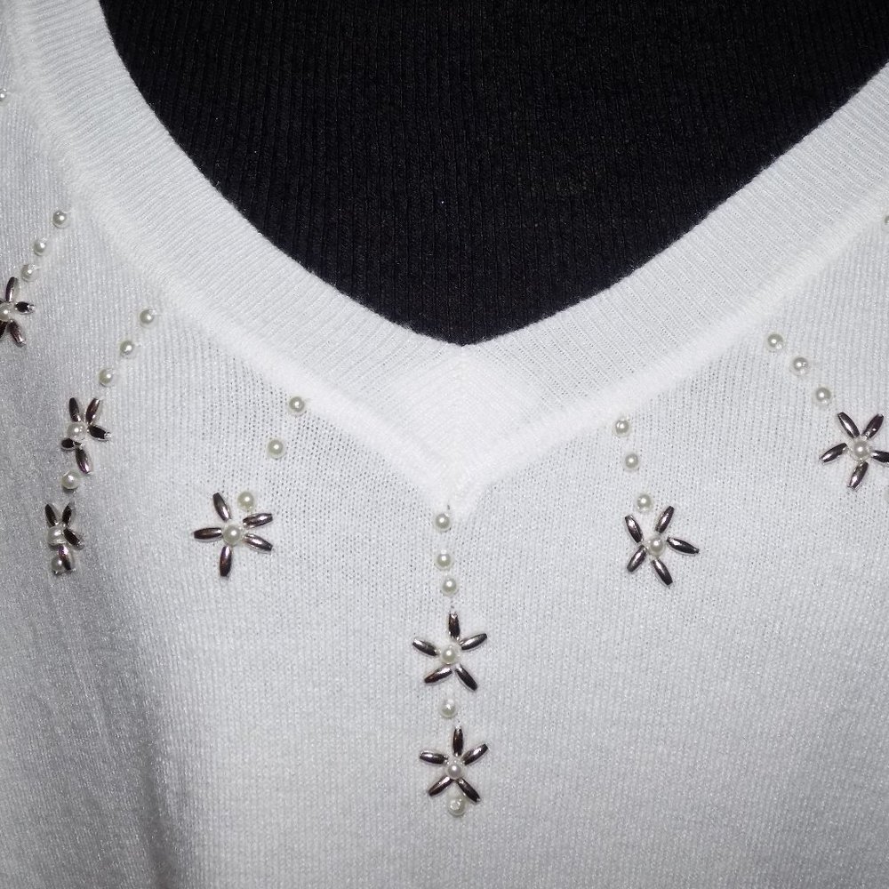 Pearl-Accent White V-Neck Sweater